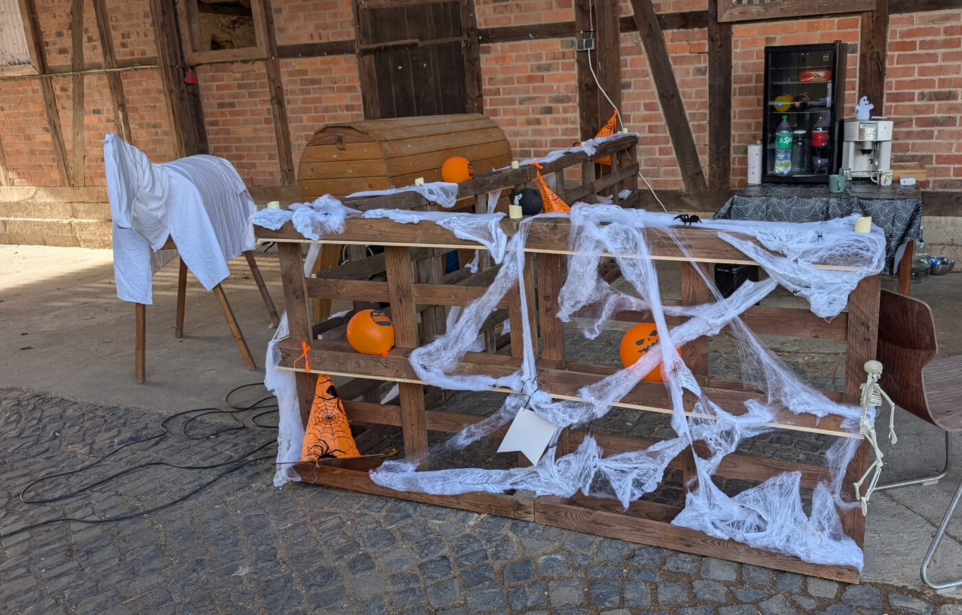 Halloween-Deko mit Kürbissen und Spinnennetzen